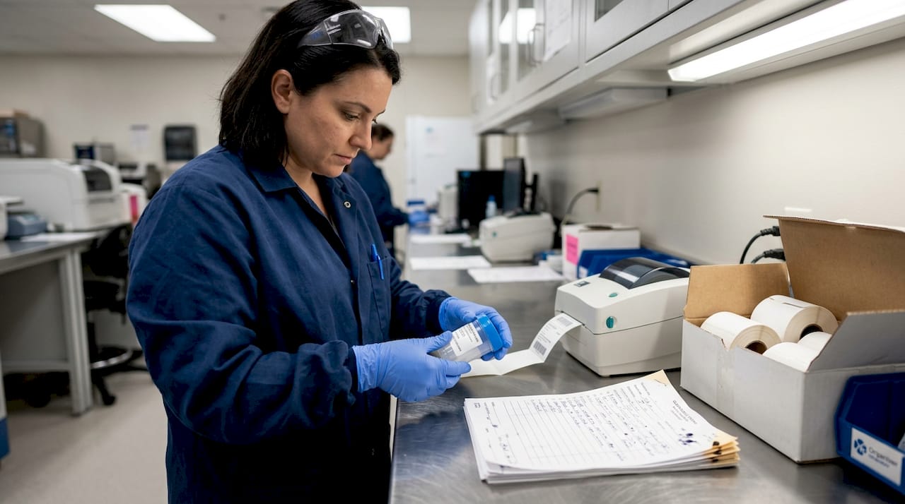 Lab technician labels specimen for chain of custody