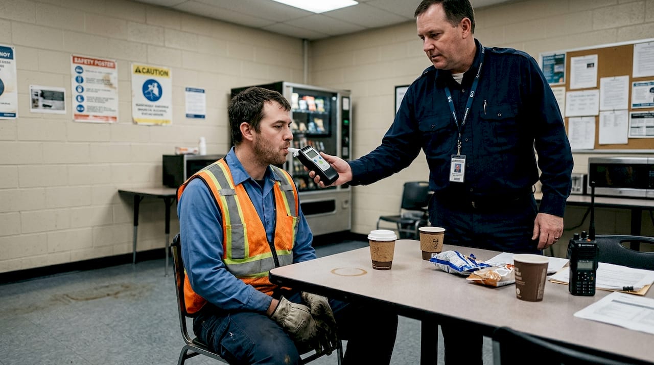 Supervisor administering breath alcohol test in break room