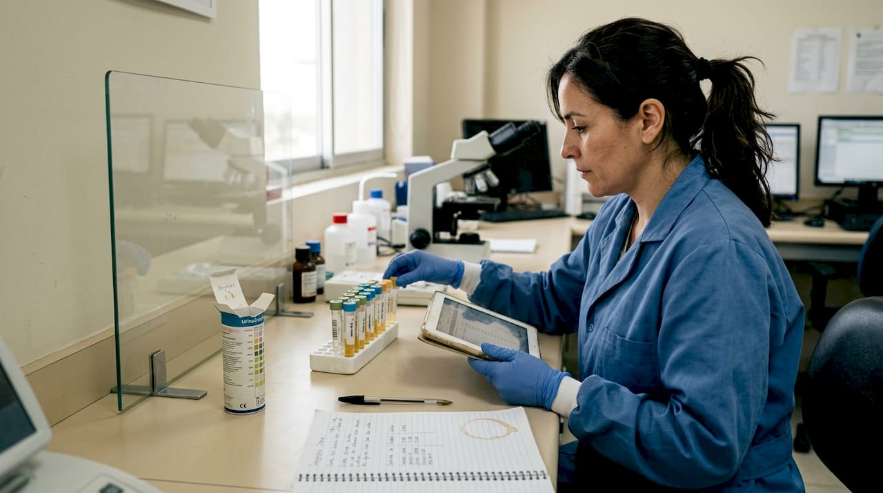Especialista analizando muestras de orina para pruebas de detección de drogas