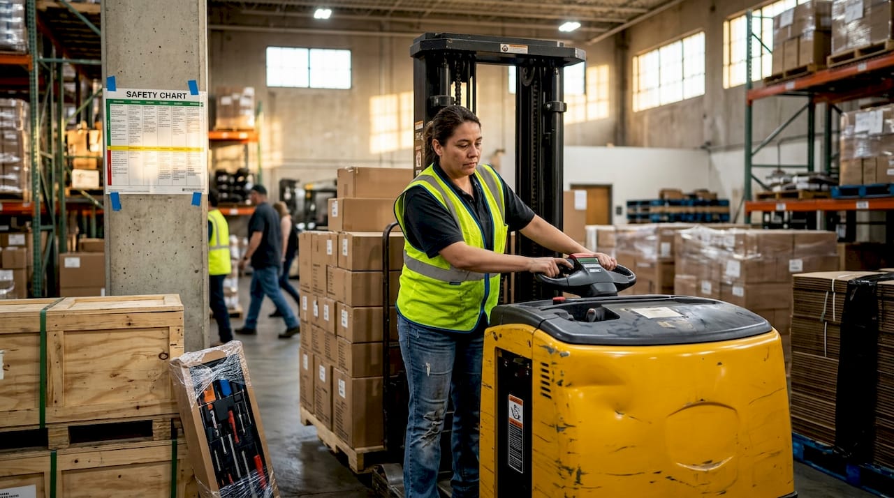 Forklift operator working safely among coworkers