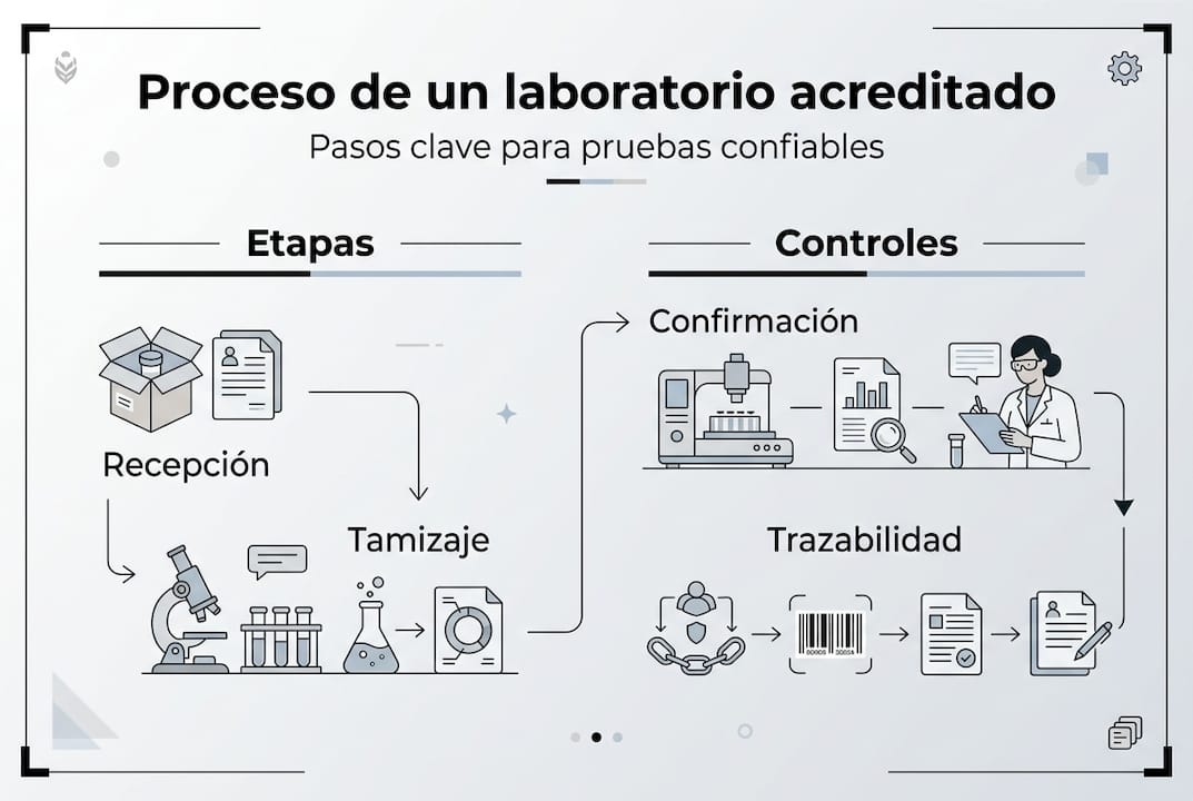 Infografía sobre el flujo de trabajo en un laboratorio acreditado