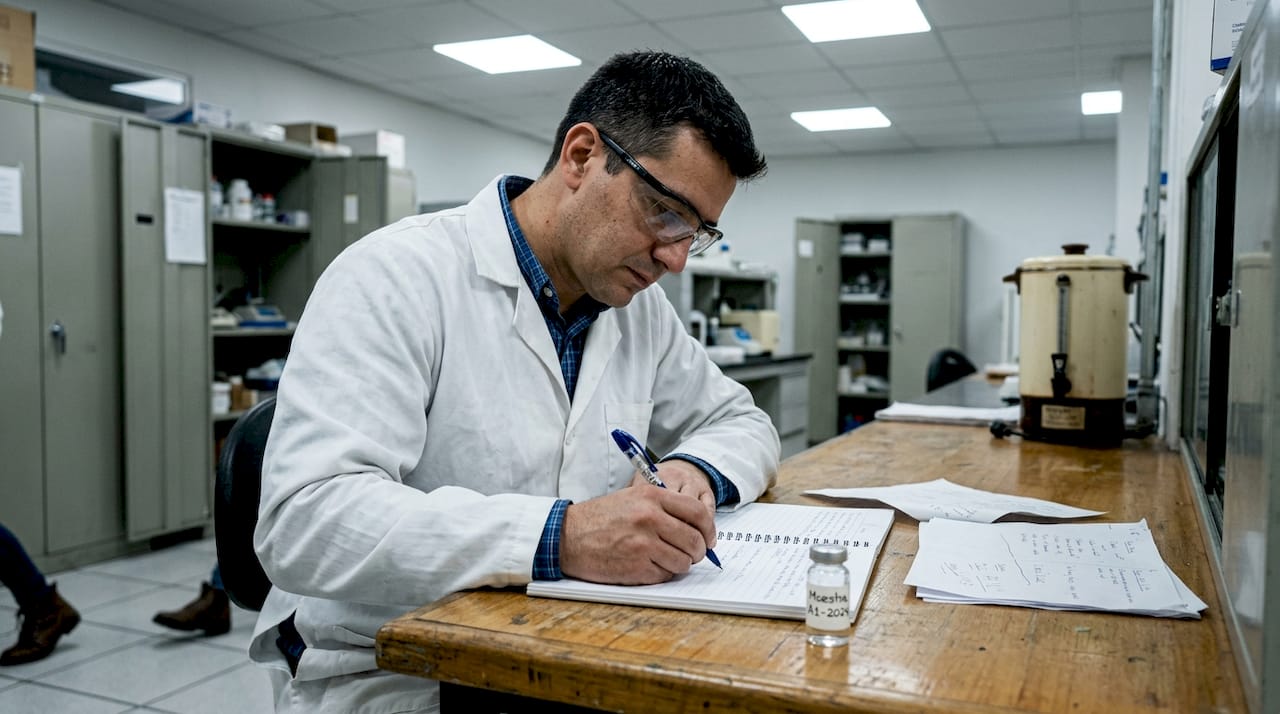 Bioquímico anotando resultados en un laboratorio