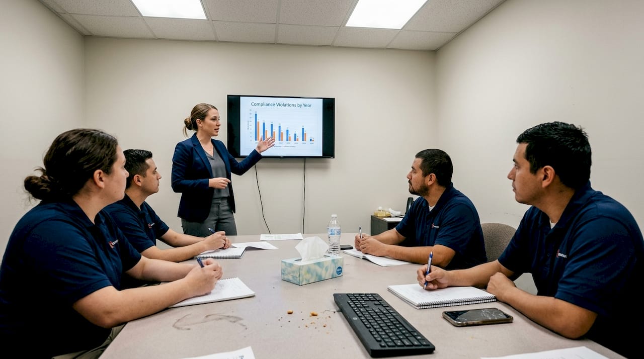 HR specialist leads safety compliance team meeting