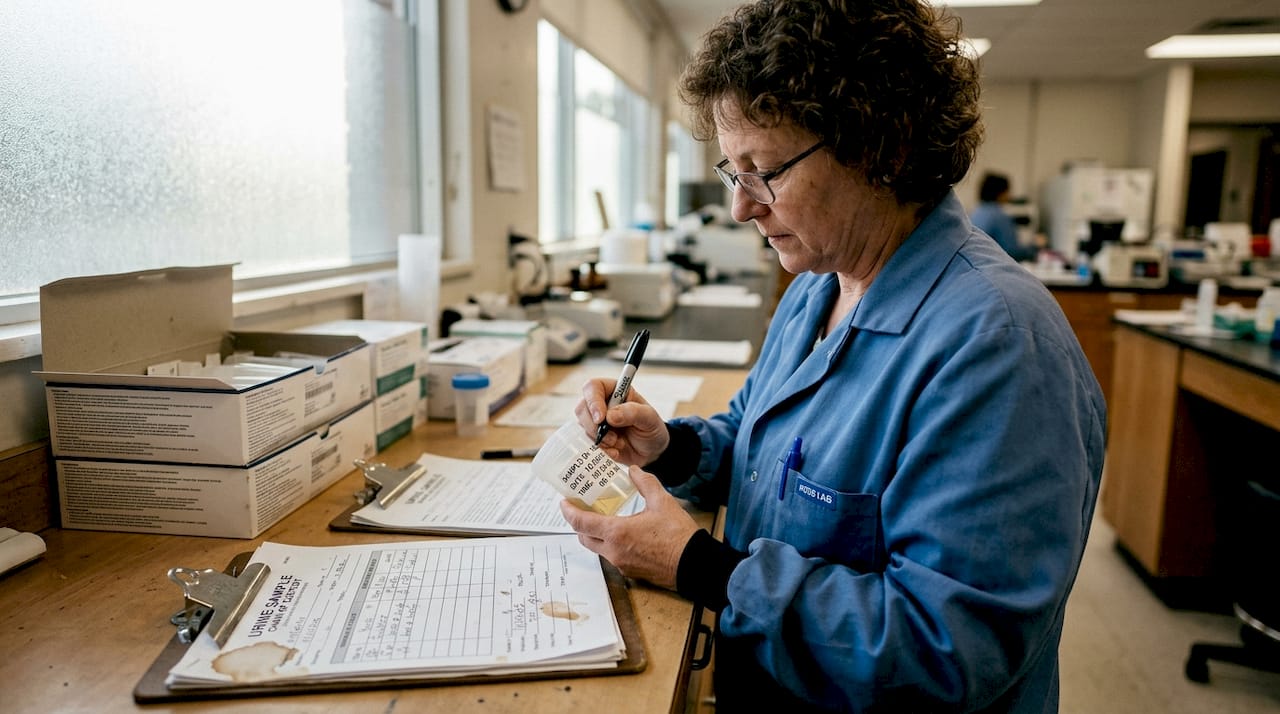 Lab technician labeling court drug test sample