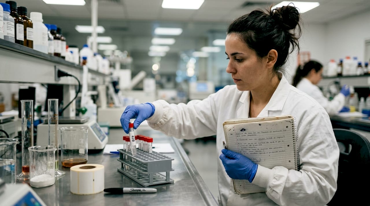 Especialista realizando el manejo de muestras en un laboratorio forense