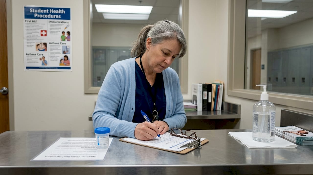 School nurse preparing student drug test kit