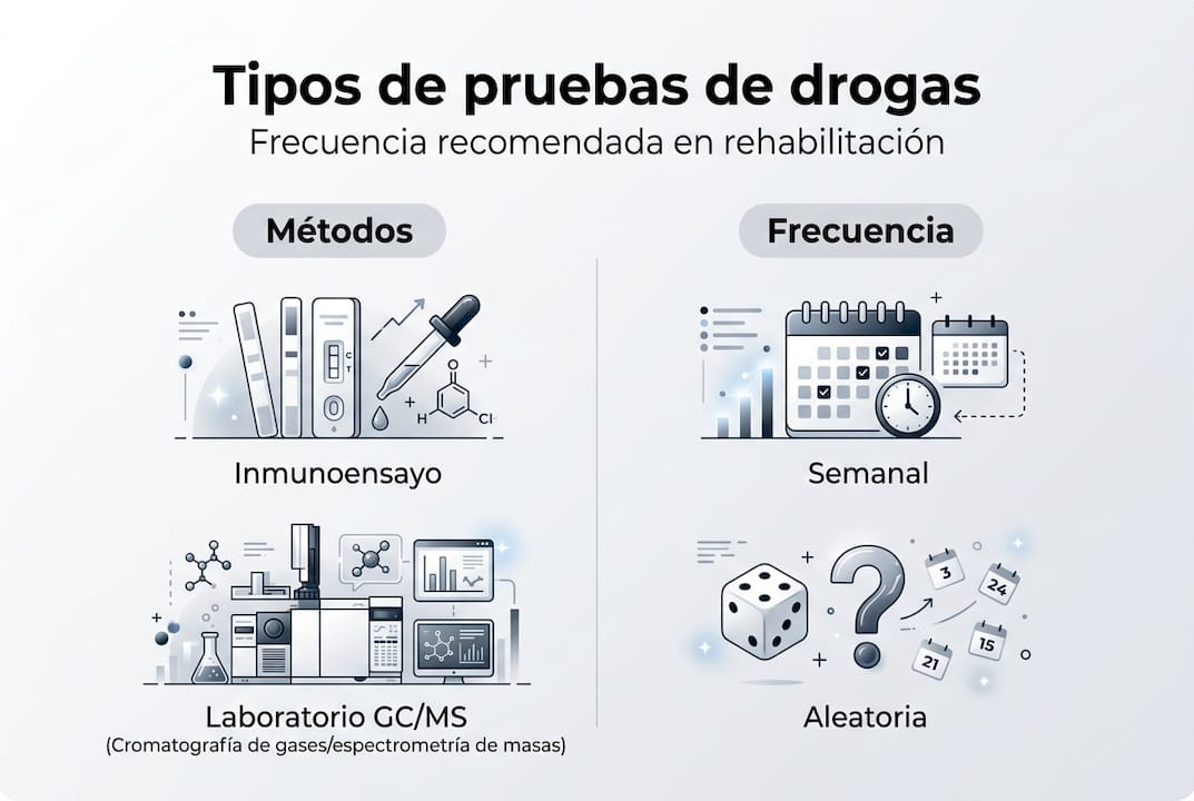 Infografía sobre los distintos tipos de pruebas de detección de drogas y con qué frecuencia se realizan