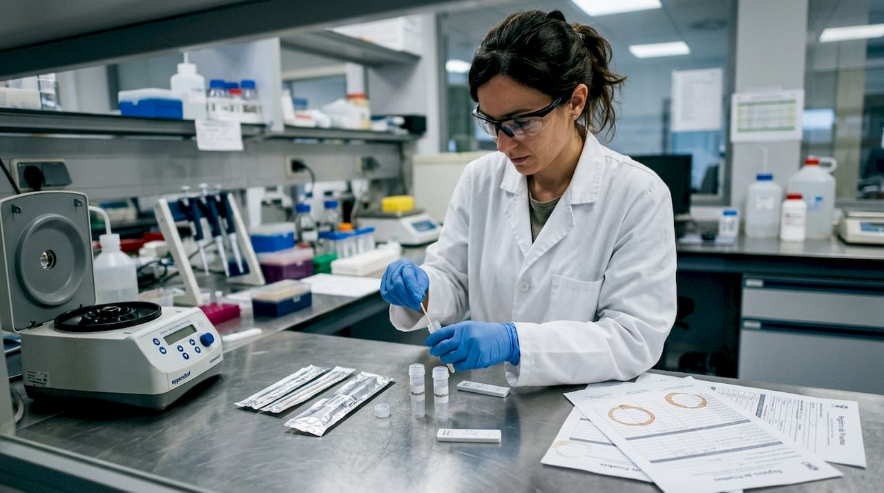 Técnico alistando un kit para prueba de drogas en saliva
