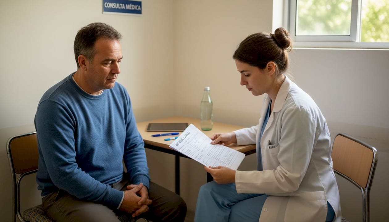Doctora revisando el historial médico junto a la paciente en una consulta sencilla.
