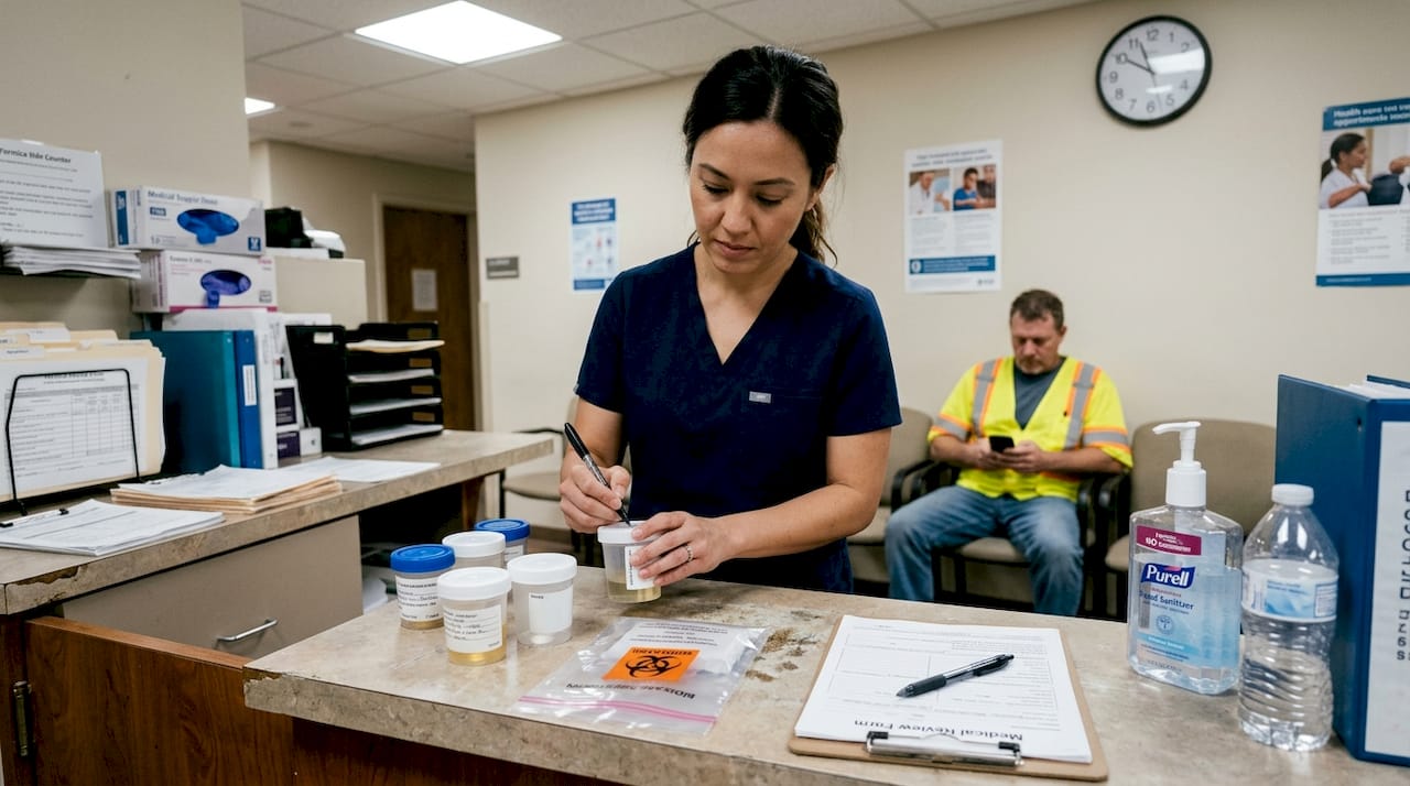Clinic nurse labeling urine samples for testing
