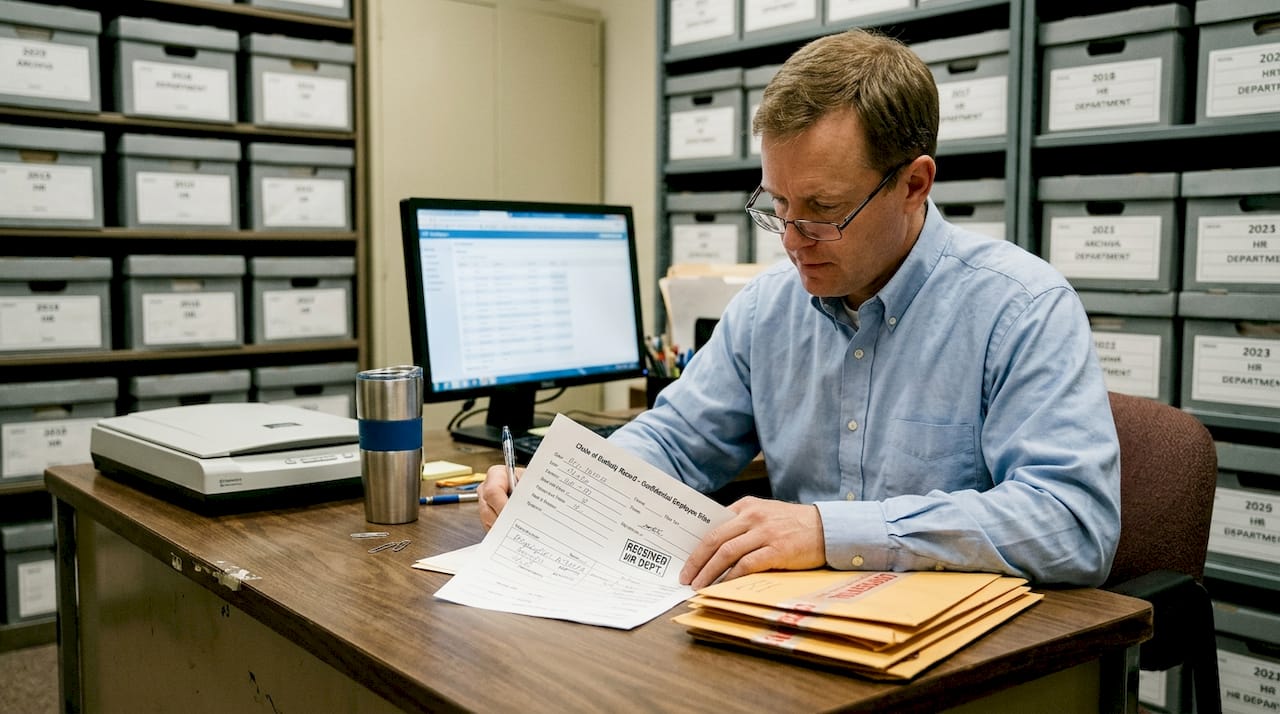 HR coordinator checks chain-of-custody paperwork