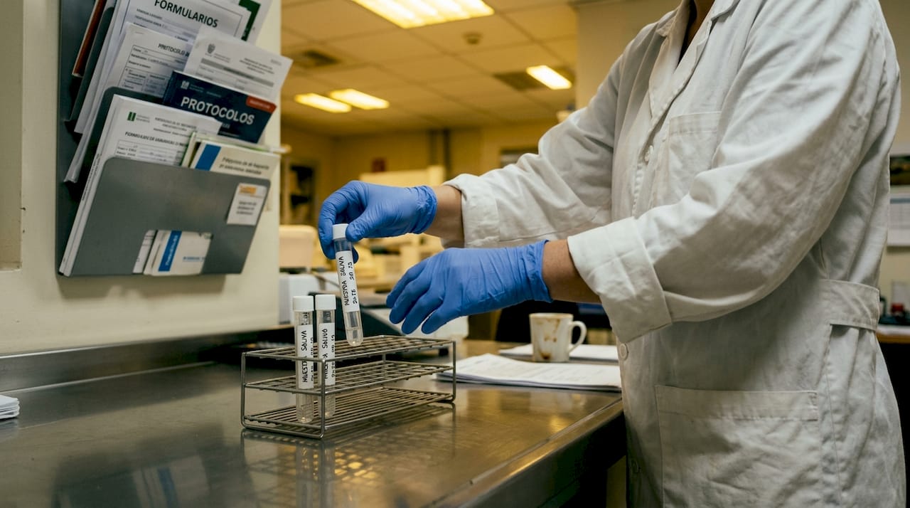 Un técnico se encarga de clasificar y ordenar las muestras de saliva en el laboratorio.
