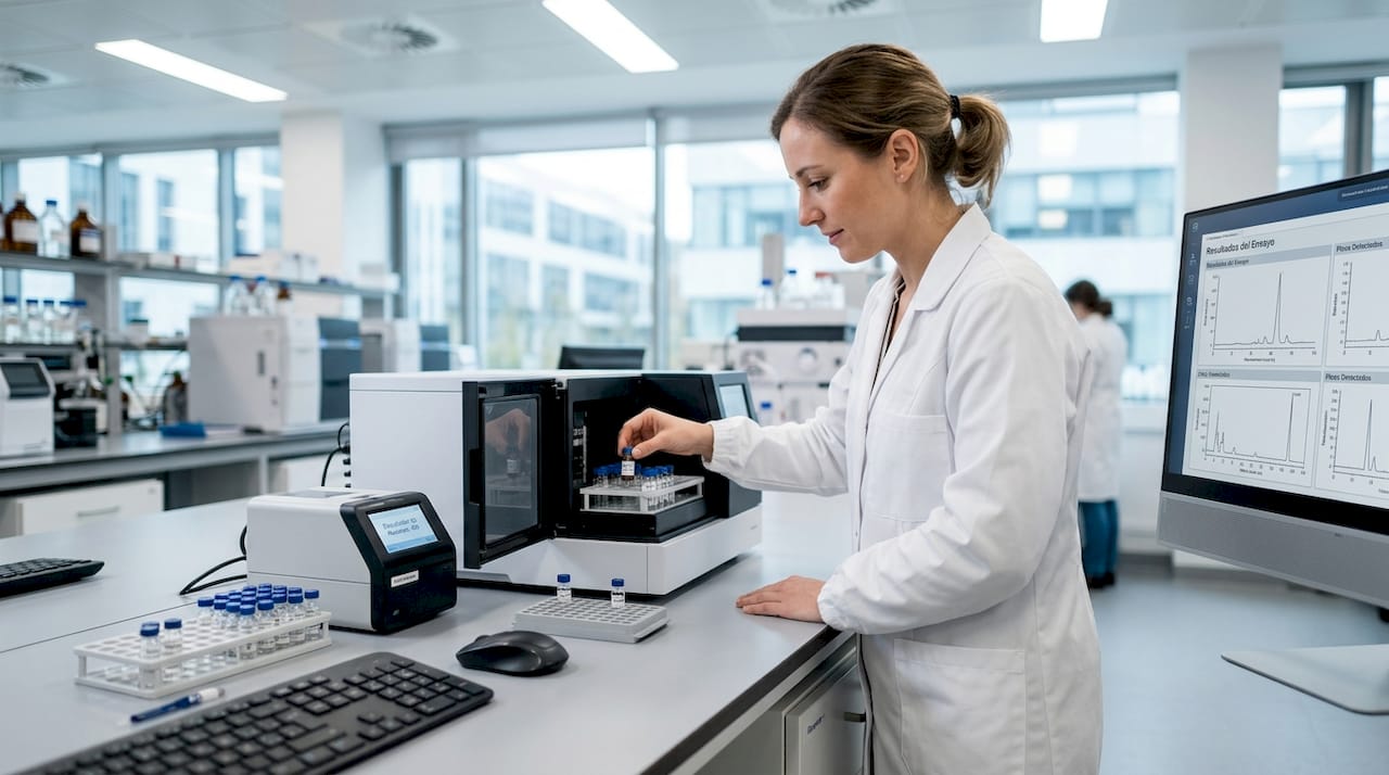 Un especialista de laboratorio se encarga de preparar muestras para el análisis de sustancias estupefacientes.