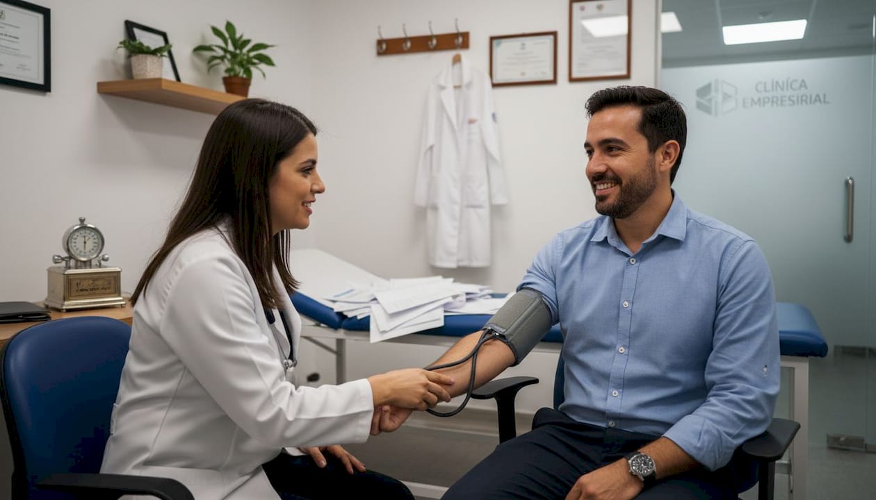 La doctora lleva a cabo un examen médico al trabajador.