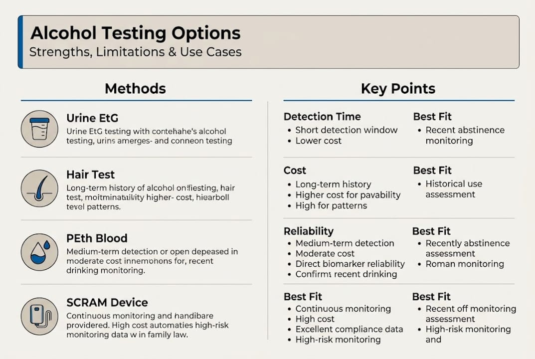 Infographic with alcohol testing types and features