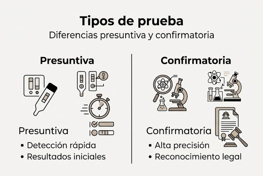 Infografía: diferencias entre pruebas presuntivas y confirmatorias