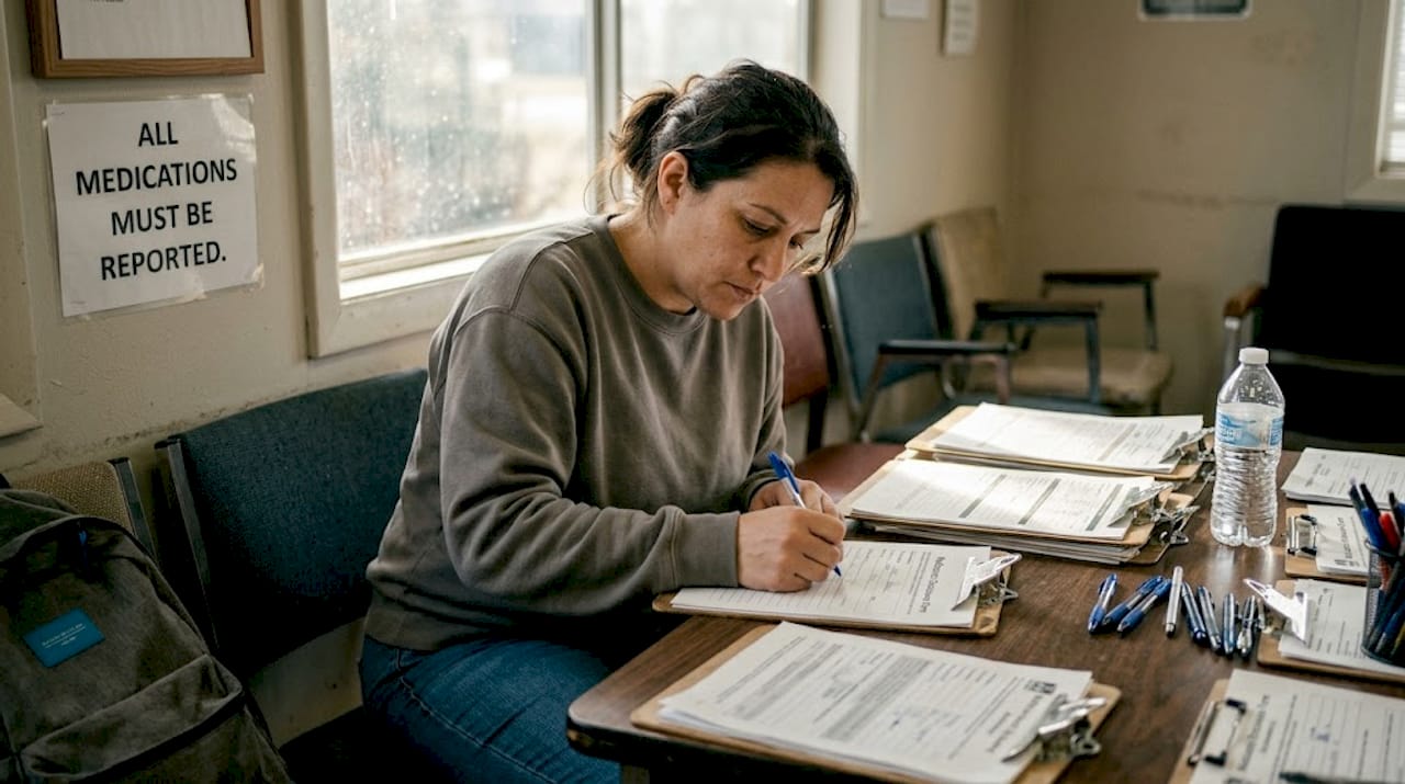 Woman fills medication forms at probation intake
