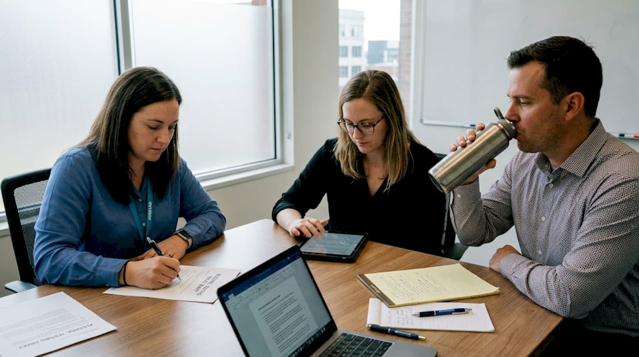 Team reviewing alcohol policy draft together