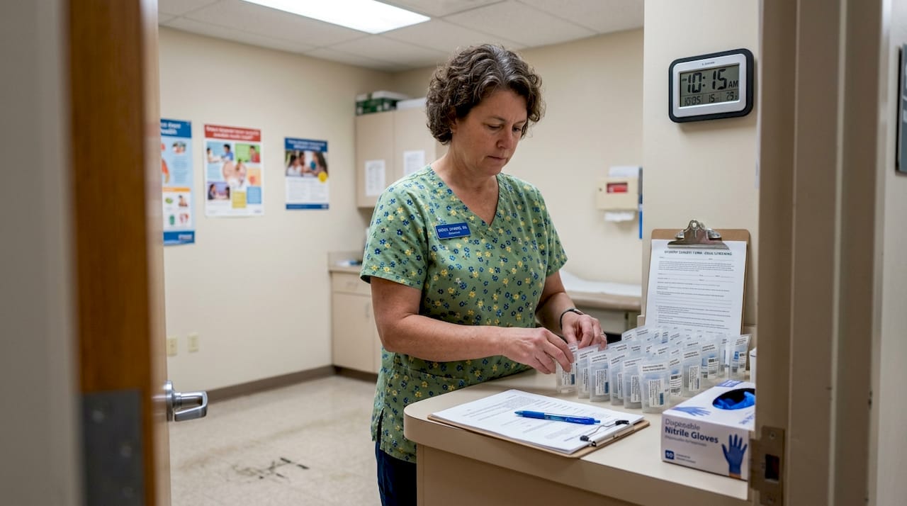 School nurse prepares drug test supplies