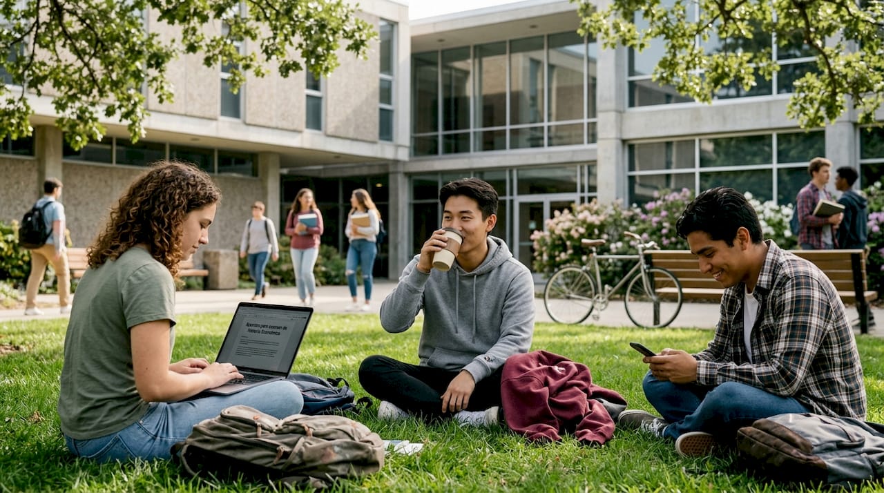 Un grupo de estudiantes disfruta de un rato tranquilo al aire libre en el campus.