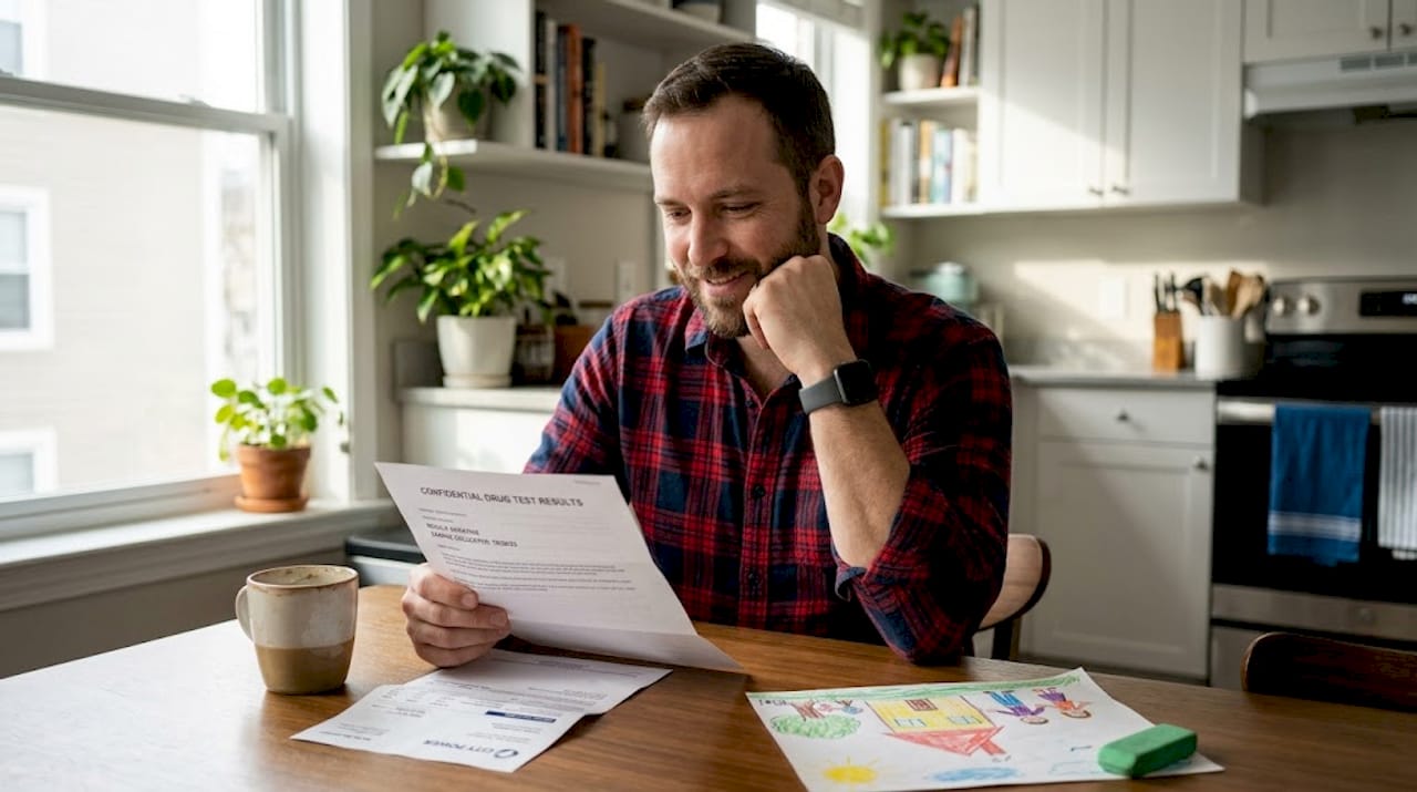 Parent reading drug test results at kitchen table