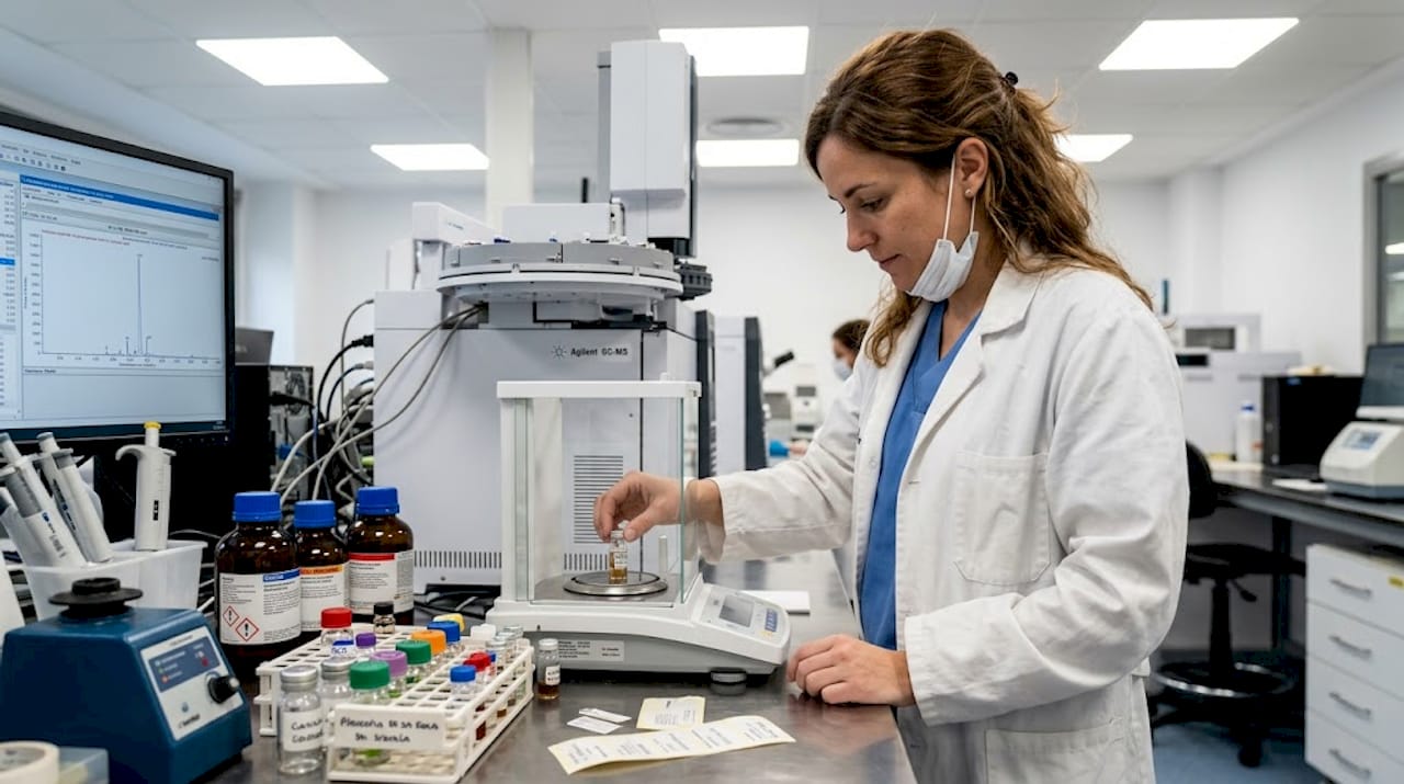 Especialista de laboratorio analizando muestras biológicas