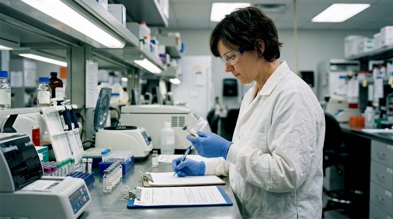 Lab technician labels specimen for testing