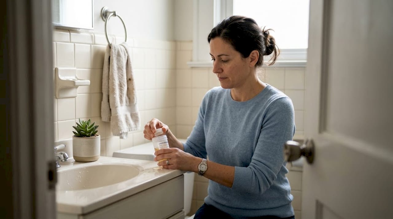 Mujer recolectando una muestra de orina en el baño