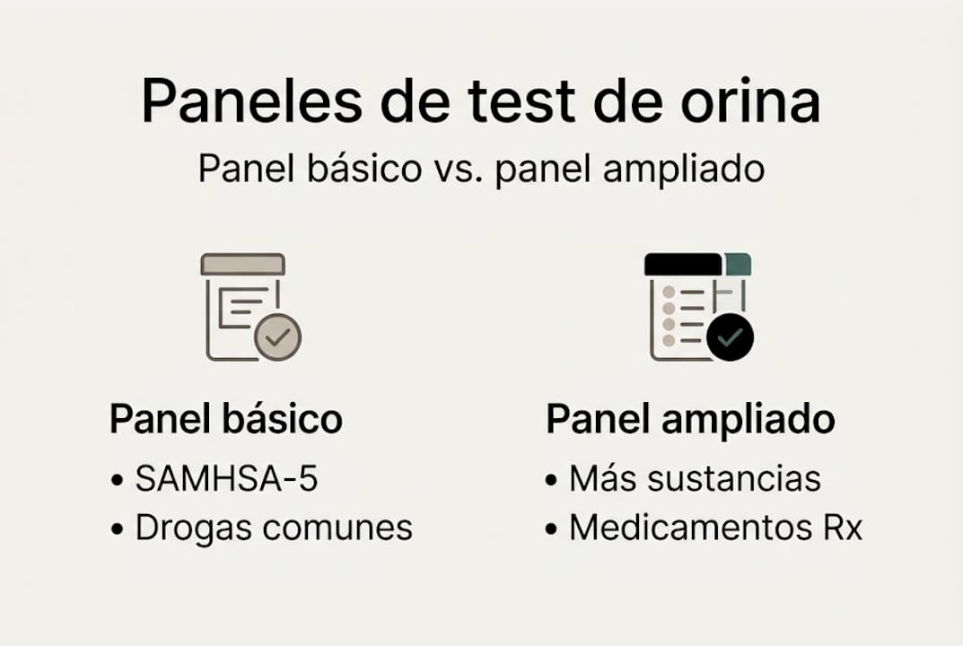 Infografía comparativa de paneles de análisis de orina: básico vs. ampliado