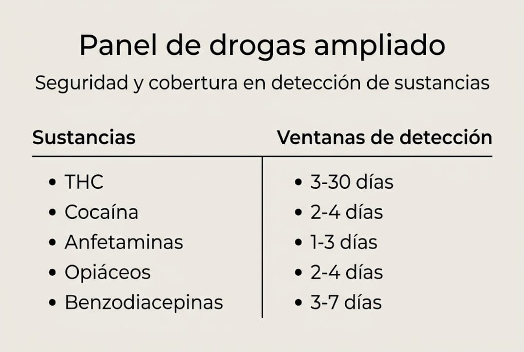 Infografía: sustancias detectables y periodos de detección en paneles ampliados