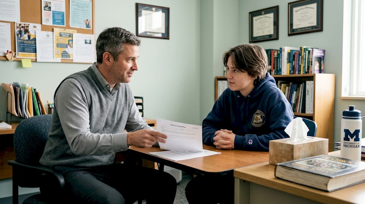 Counselor discusses assessment plan with student