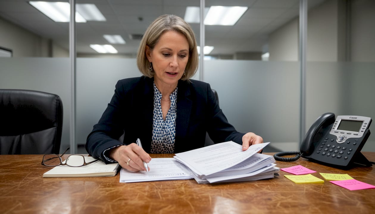 HR specialist reviewing printed lab reports