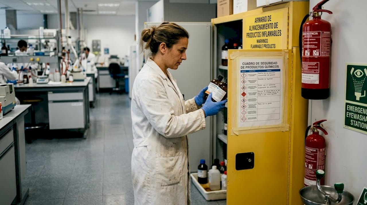 Un técnico revisa el almacenamiento de productos químicos en el laboratorio.