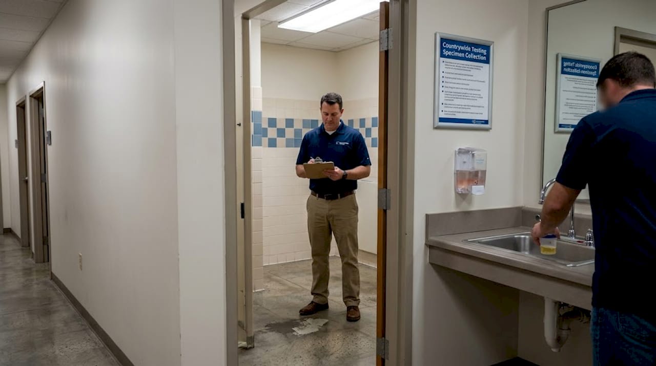 Supervisor monitors workplace urine sample collection