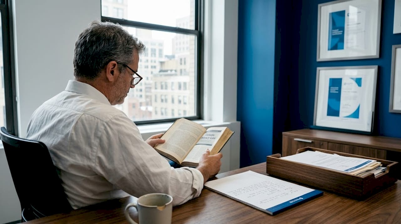 Attorney reading about genetic privacy in office