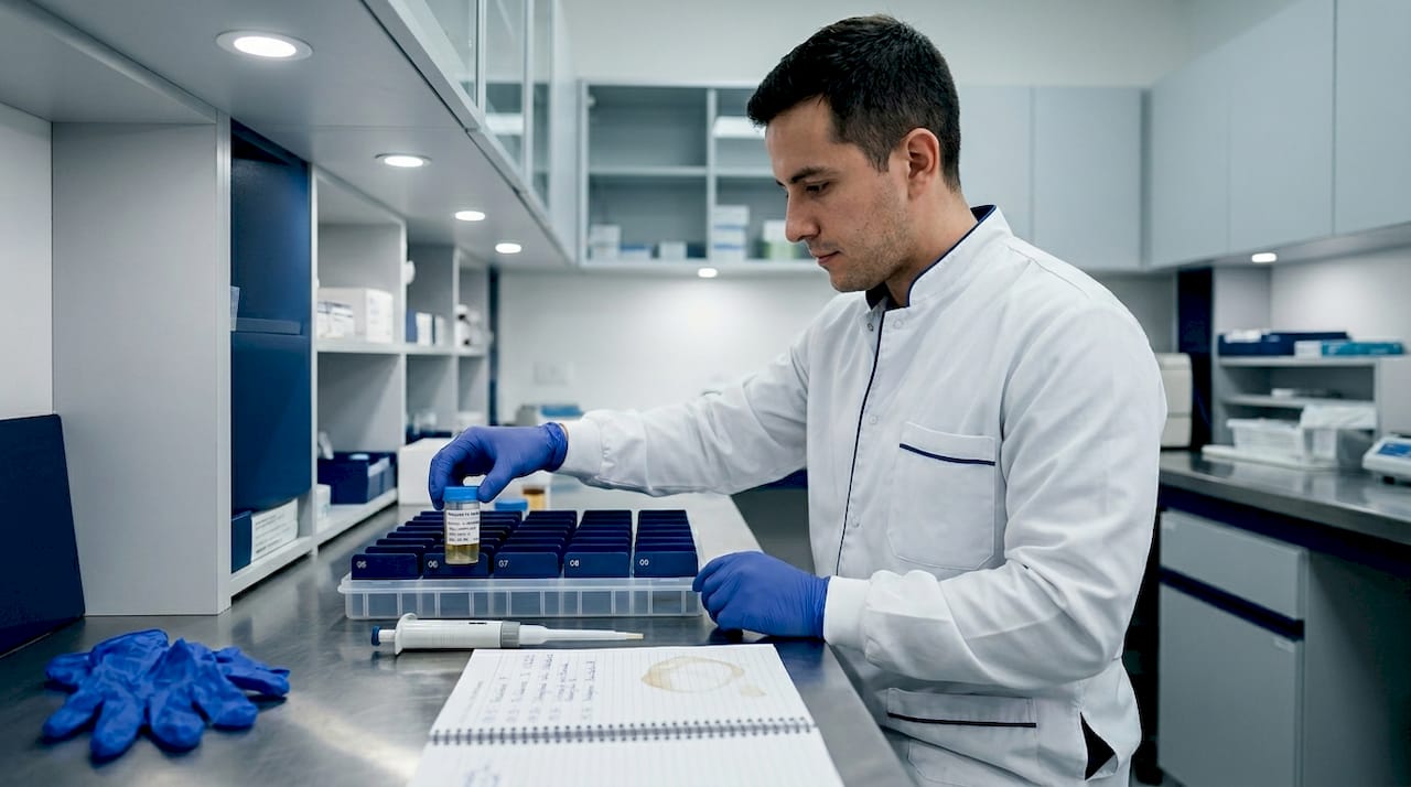 Profesional de laboratorio realizando el análisis de una muestra de orina