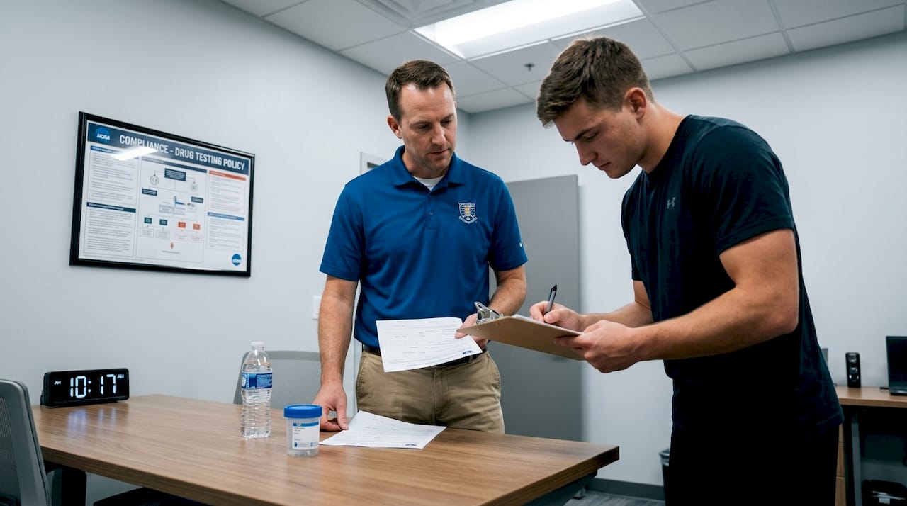 Athlete and staff in routine drug testing moment