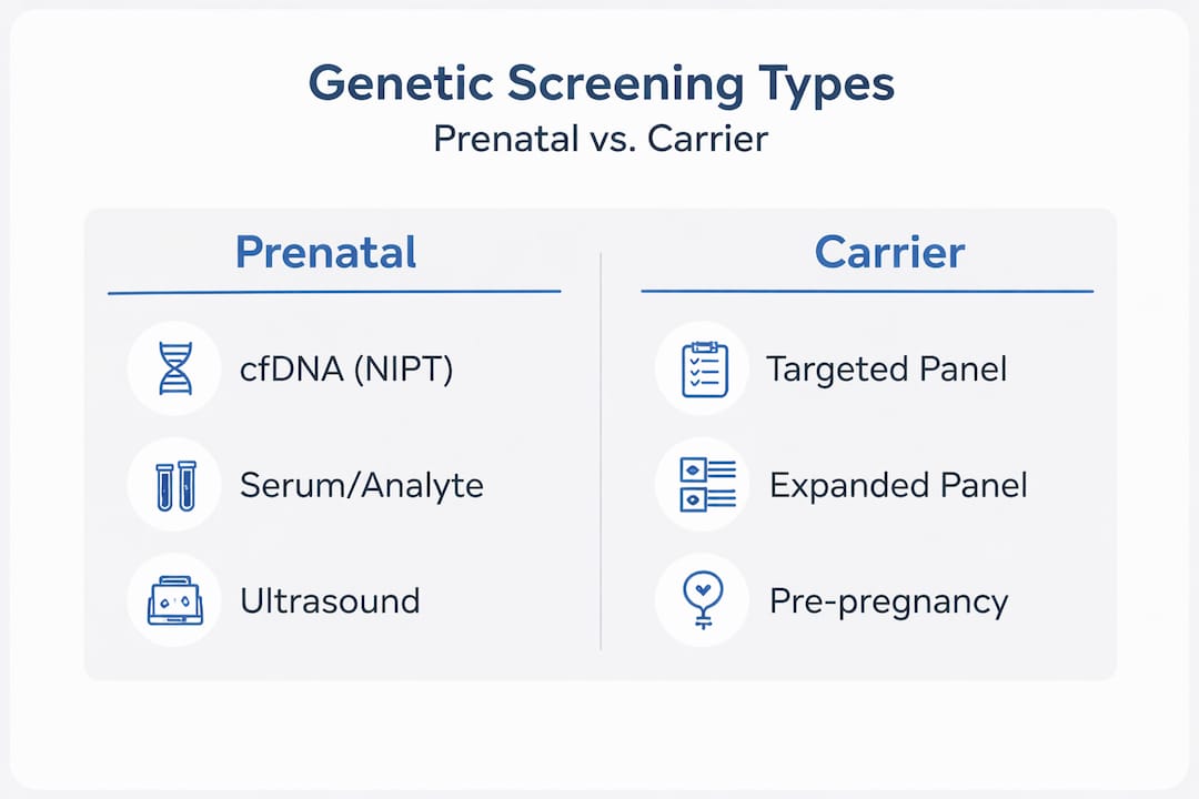 Infographic comparing prenatal and carrier genetic screening