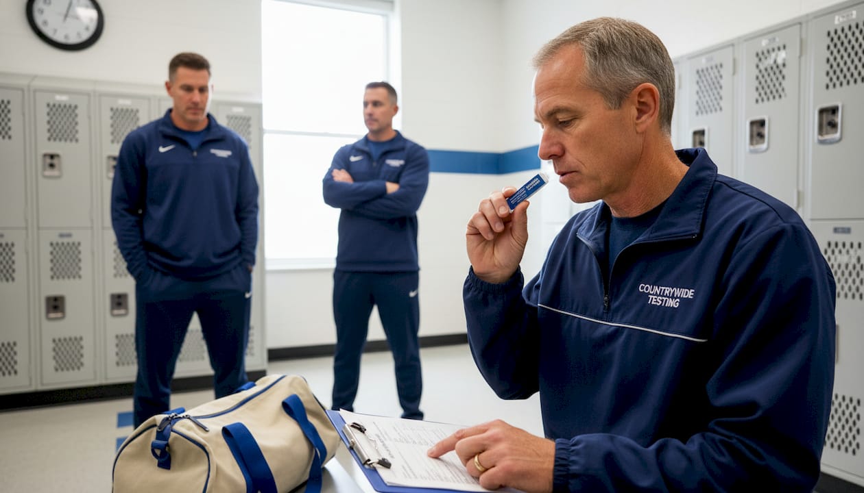 Coach supervises athlete administering alcohol test