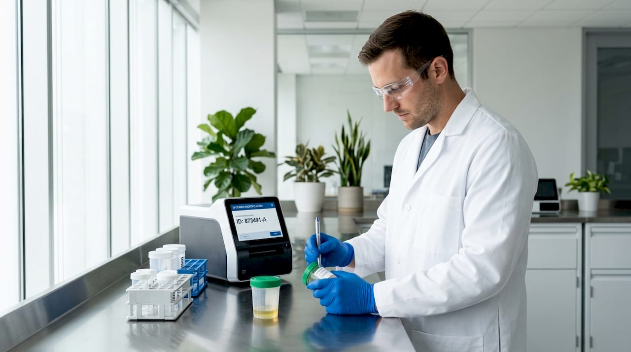 Lab technician labeling urine sample in lab