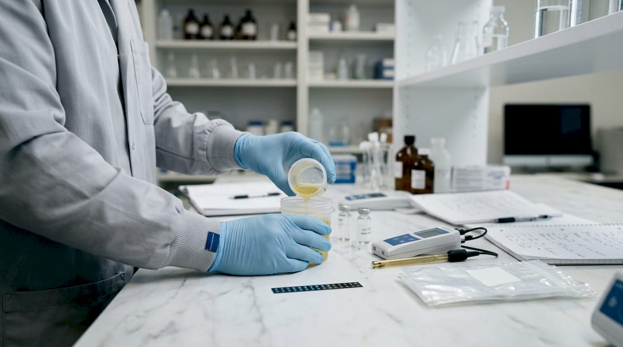 Technician handling urine specimen collection tools