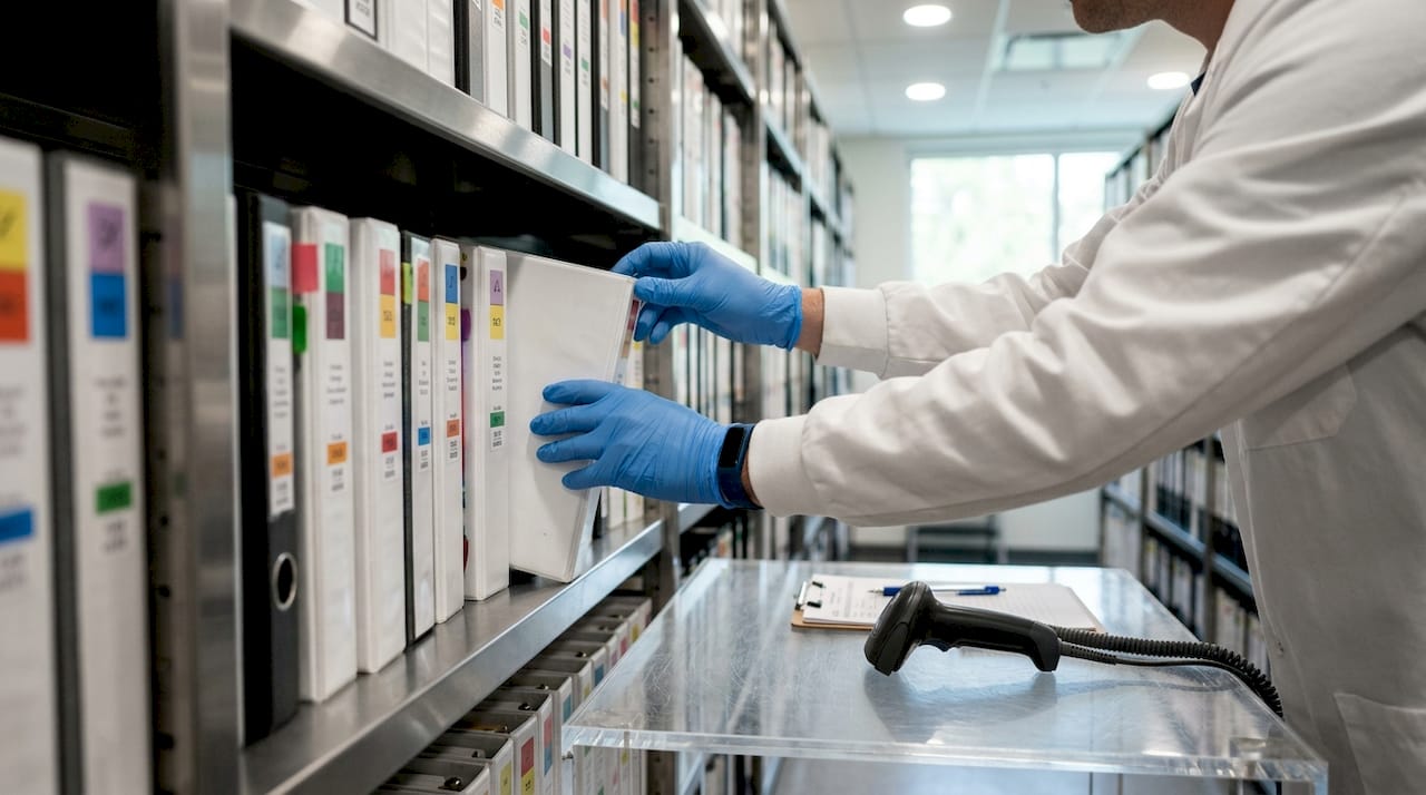 Overhead view of hands organizing GLP archives