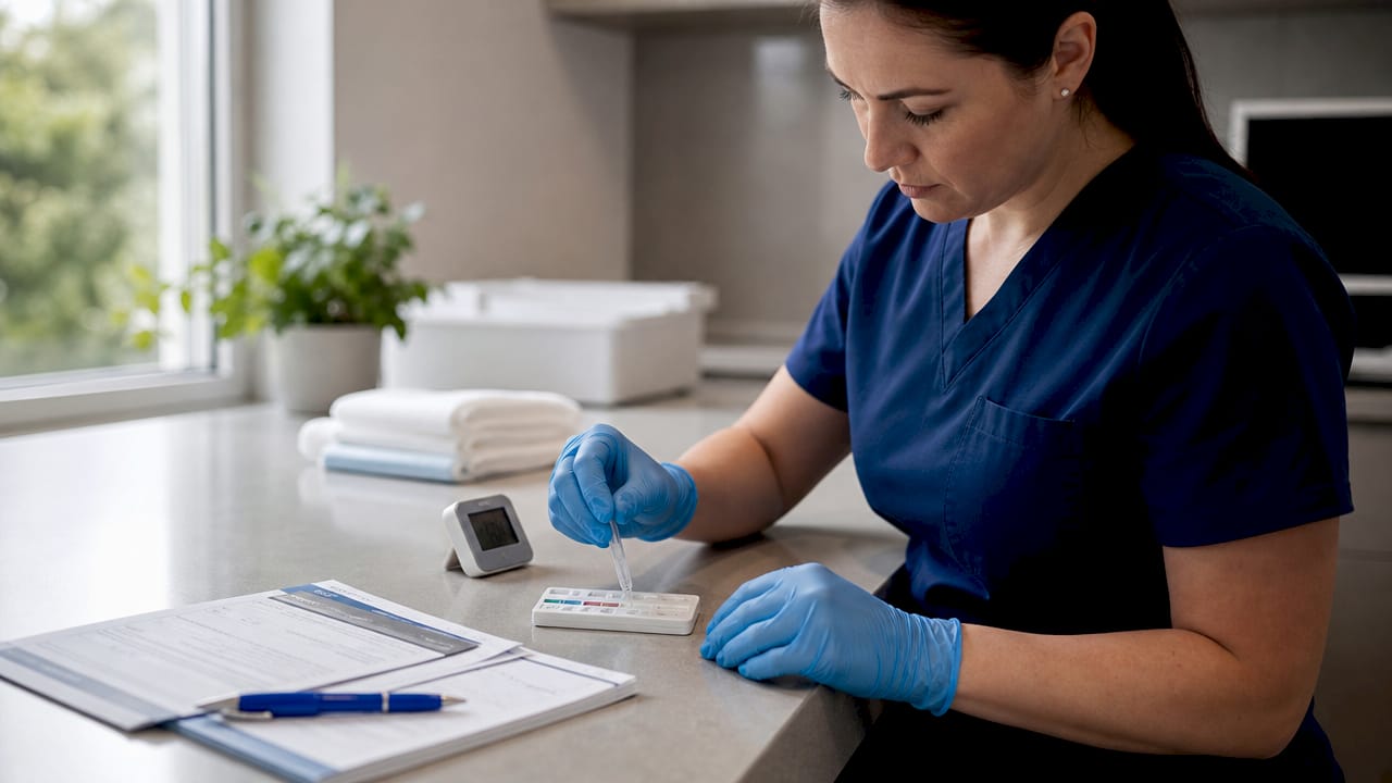 Hands holding multi-panel drug test cassette