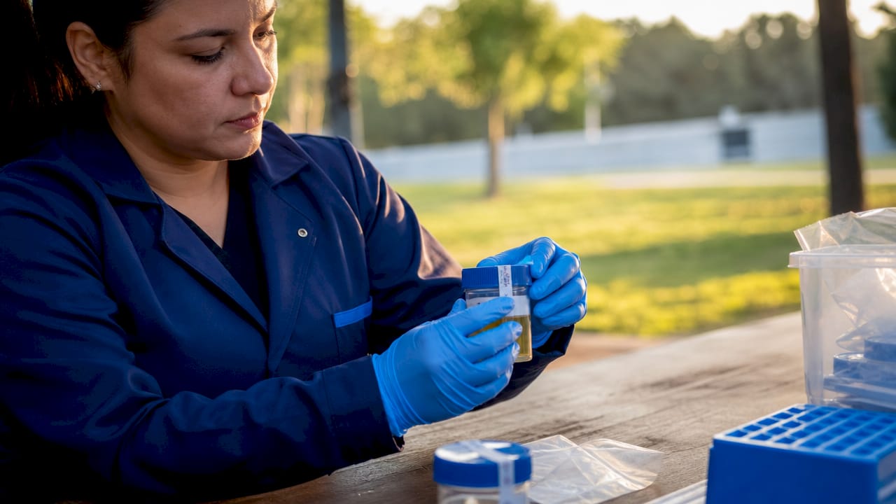 Technician handling drug testing urine sample