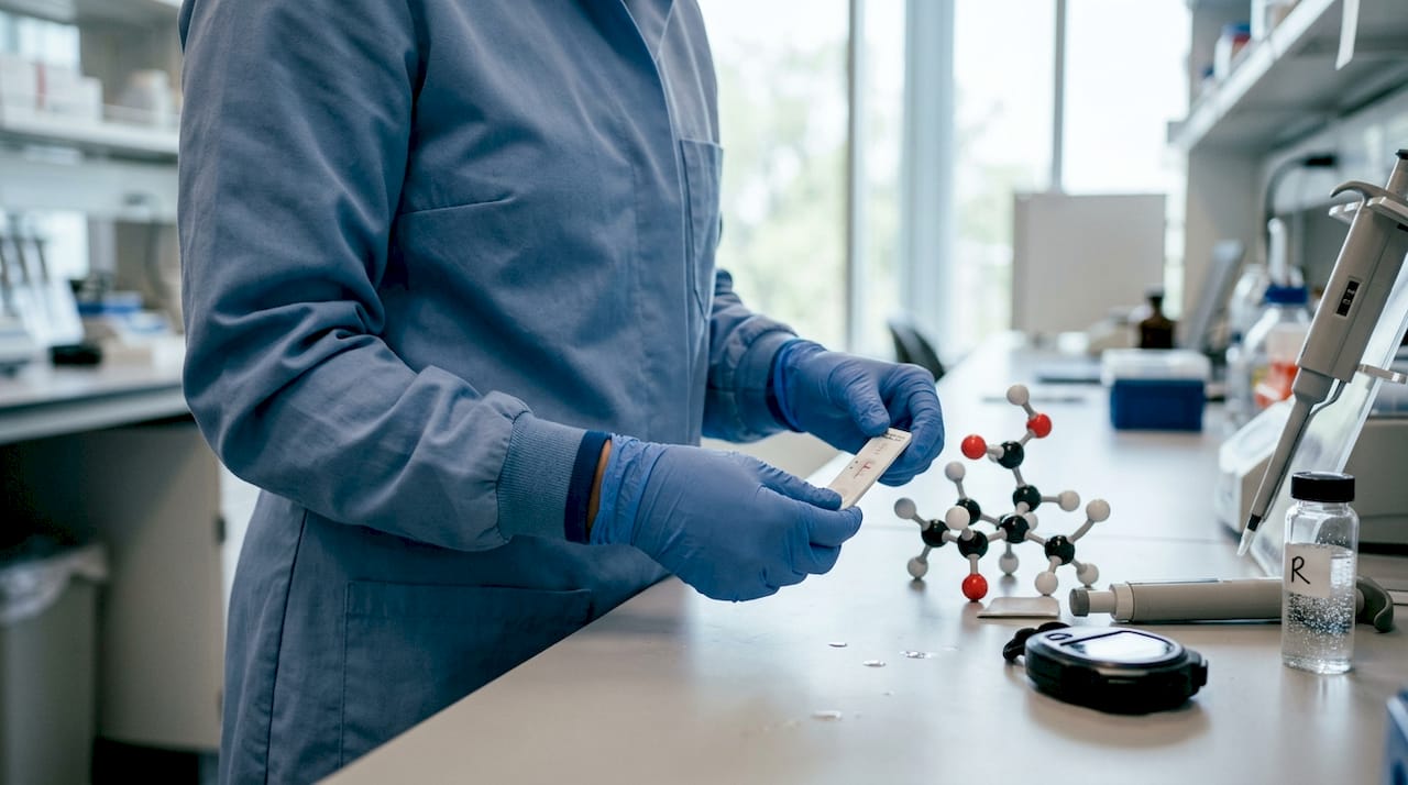 Hands holding drug test strip and molecular model