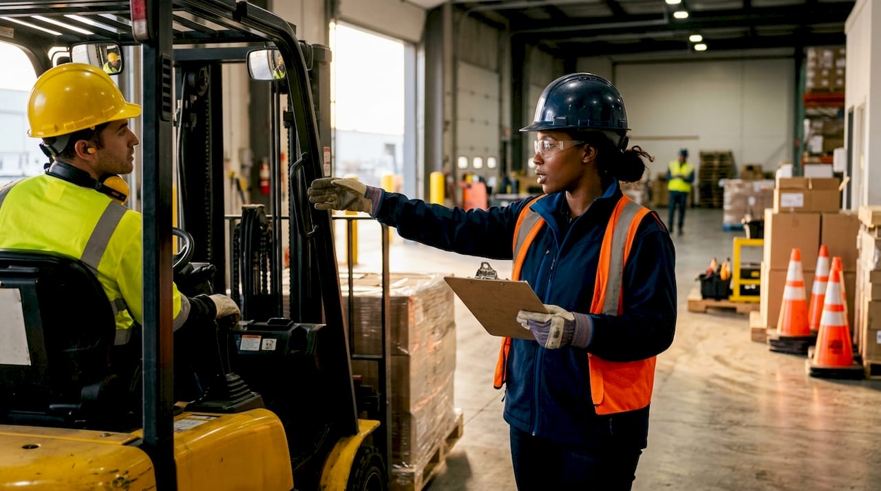Safety supervisor checking safety protocols by forklift