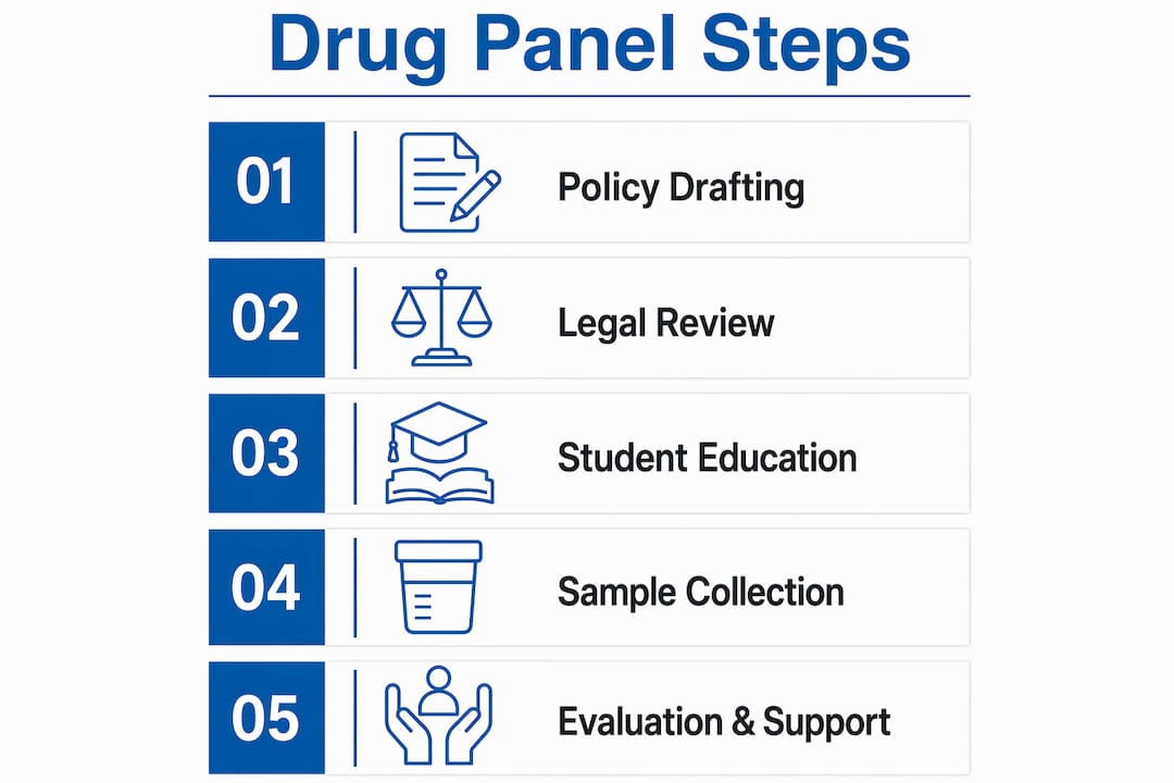 Infographic detailing drug panel implementation steps