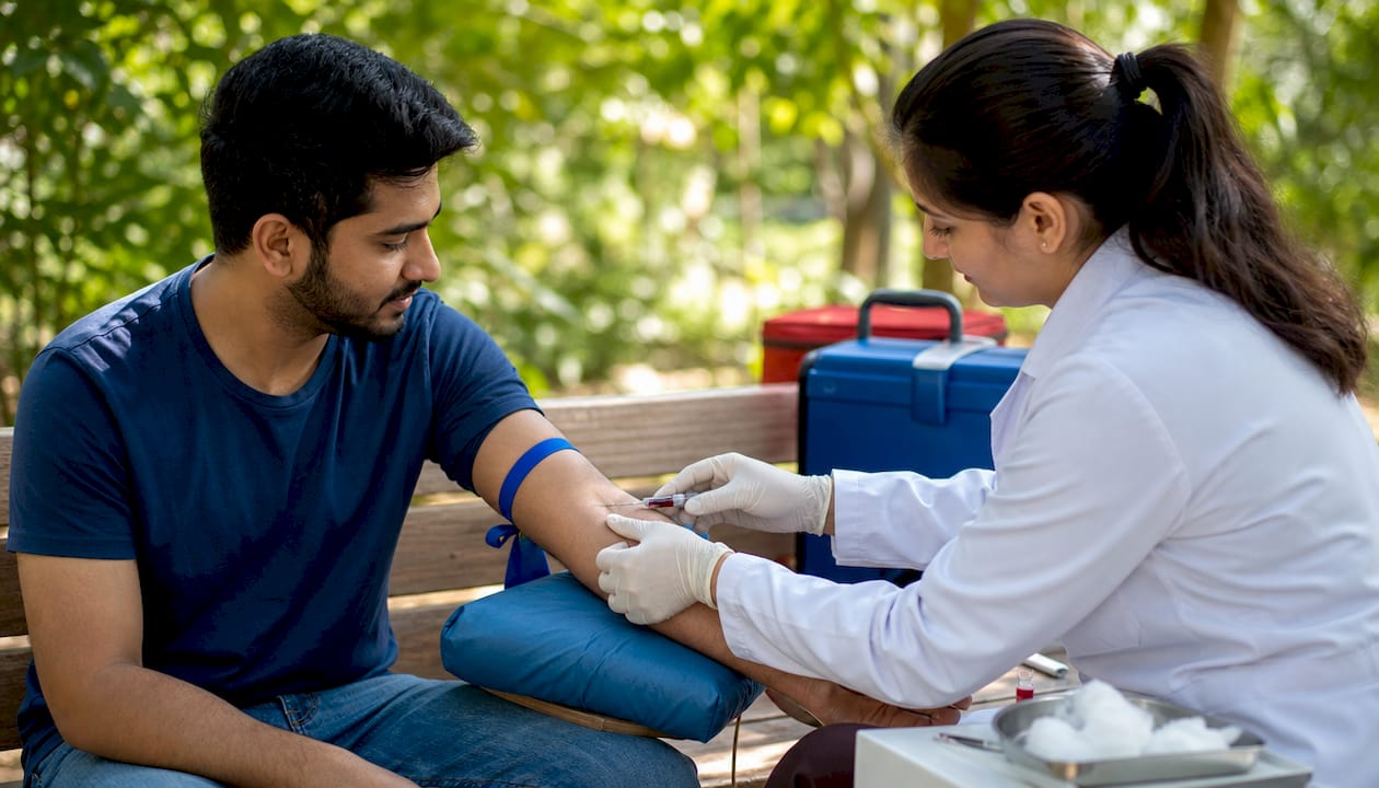 Patient having blood drawn in clinic room