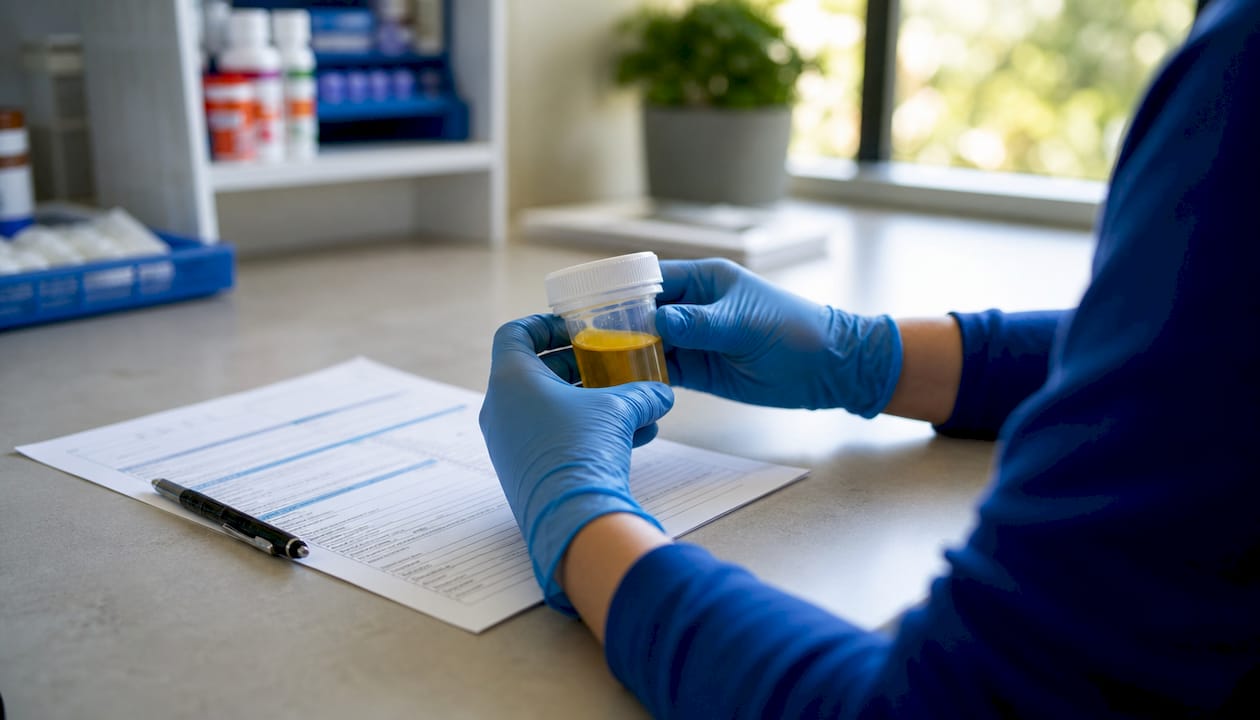 Hands handling urine specimen and drug testing form