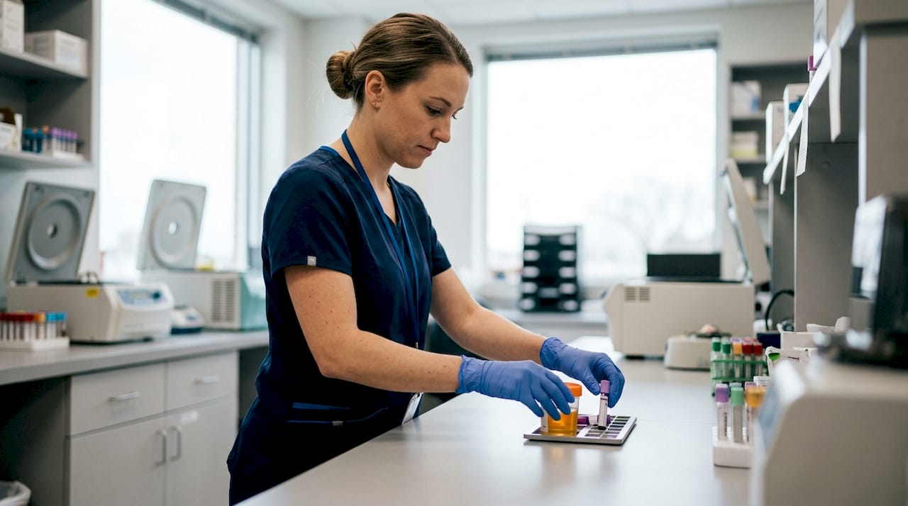 Hands holding drug test specimens in lab
